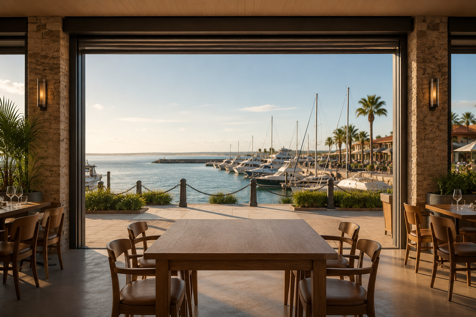 Commercial patio screens fully retracted on an open waterfront restaurant patio, preserving the unobstructed outdoor dining view.