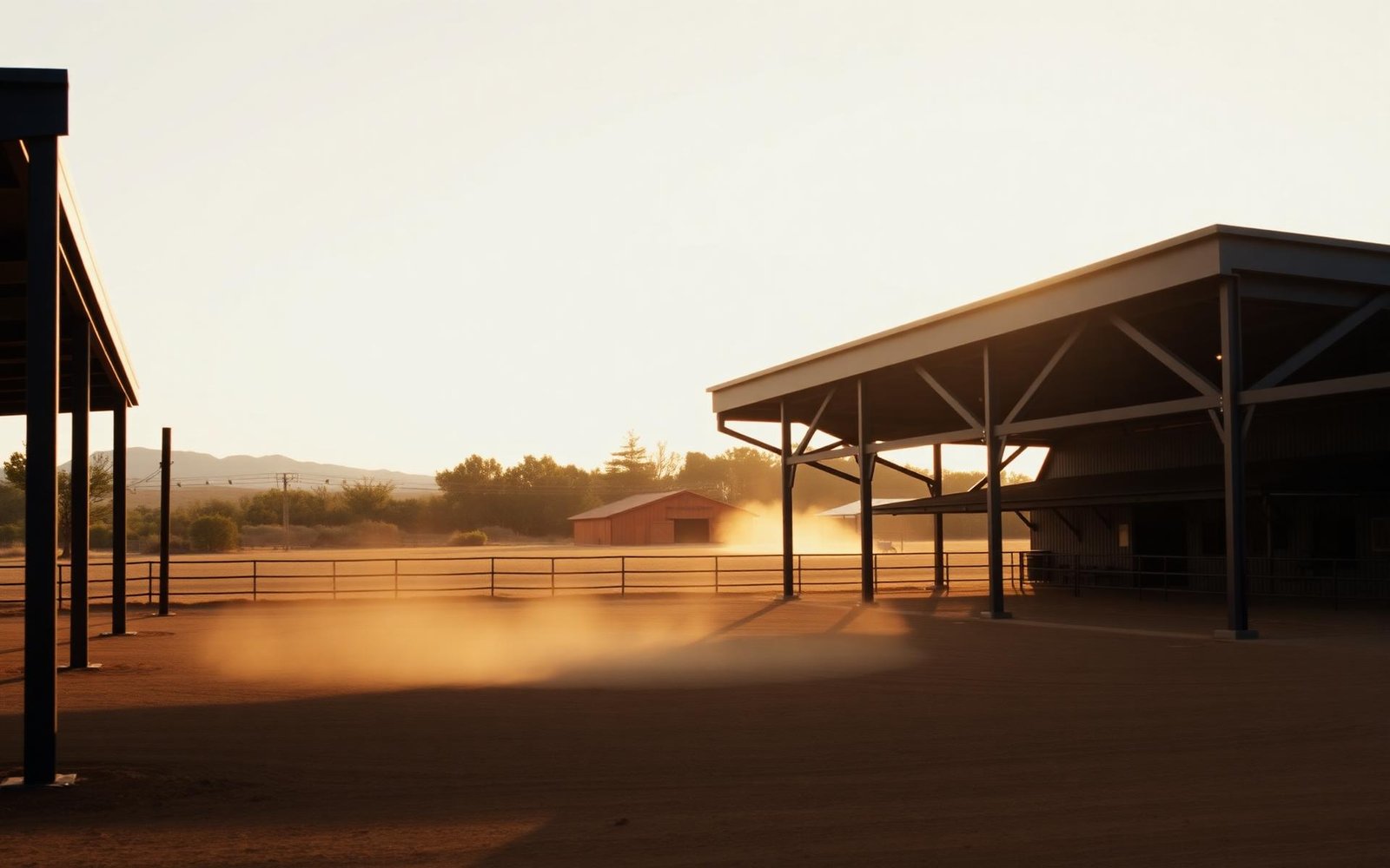 Horse arena windscreens installed on a covered Texas riding arena, providing wind protection while maintaining airflow and visibility.